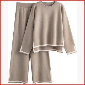 Long Sleeve Knit Sweater Top Wide Leg Pants Lounge Set Recycled Material